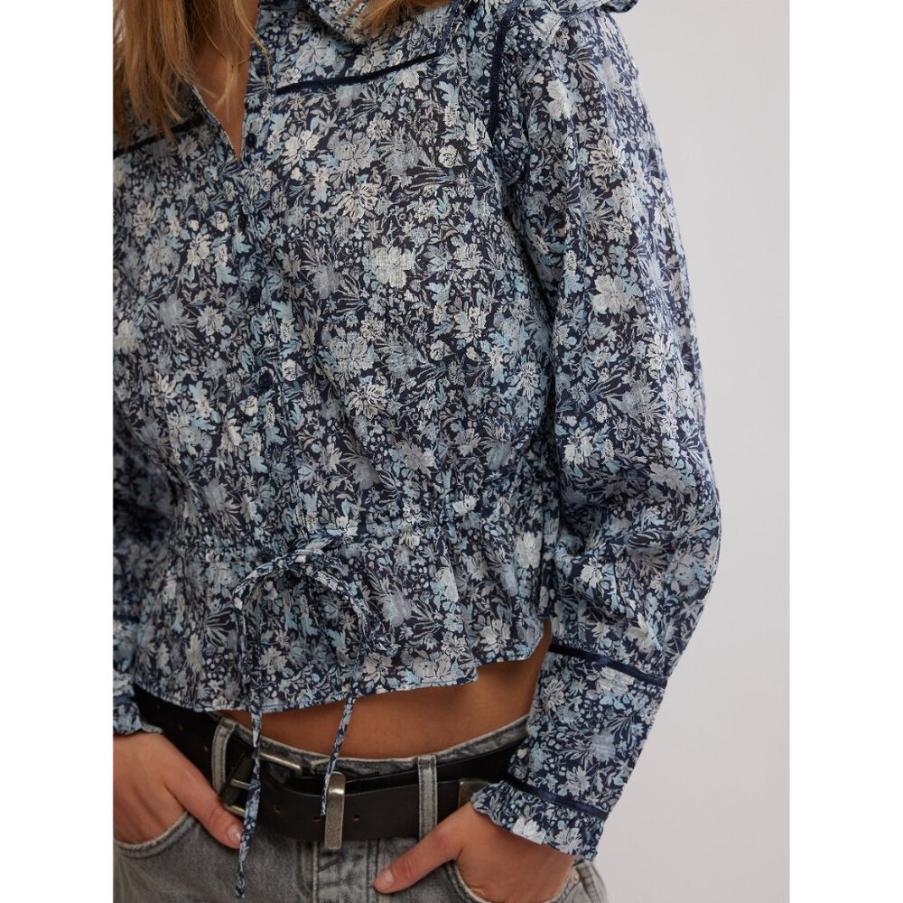 FREE PEOPLE Printed Daybreak Blouse / Chambray Combo - Picture 4 of 6